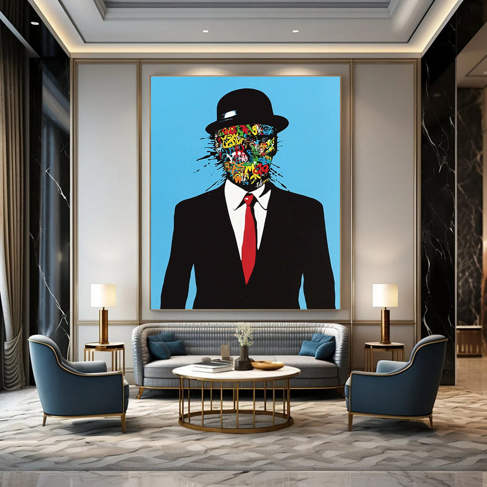 An abstract artwork featuring a man in a black suit and red tie with graffiti on his face against a blue background in a surreal style.STSC1056
