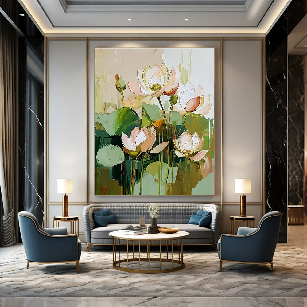 Large abstract painting featuring green plants and lotus flowers in a beige pink and white color palette with detailed brush strokes in a cottagecore style.STSC188