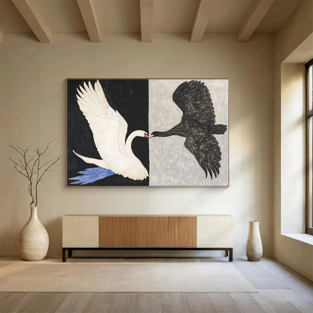 Large abstract painting of a swan and eagle in flight touching beaks on contrasting backgrounds of white and grey.SC558