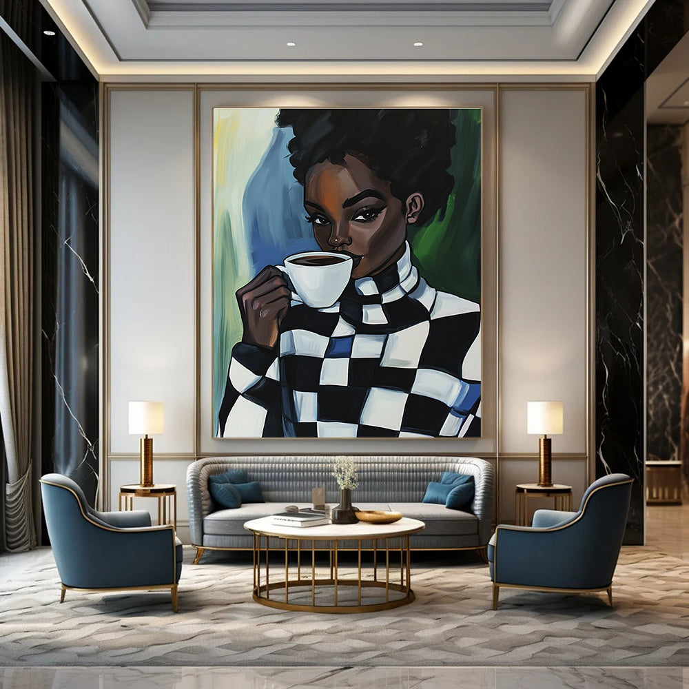 An abstract oil painting featuring a Black woman in a checkered turtleneck enjoying coffee, radiating warmth and style.STSC919
