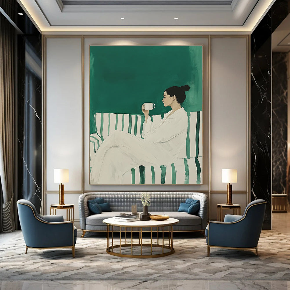 Large abstract painting featuring a woman in a white robe on a striped sofa holding a coffee mug against a green background.STSC1494
