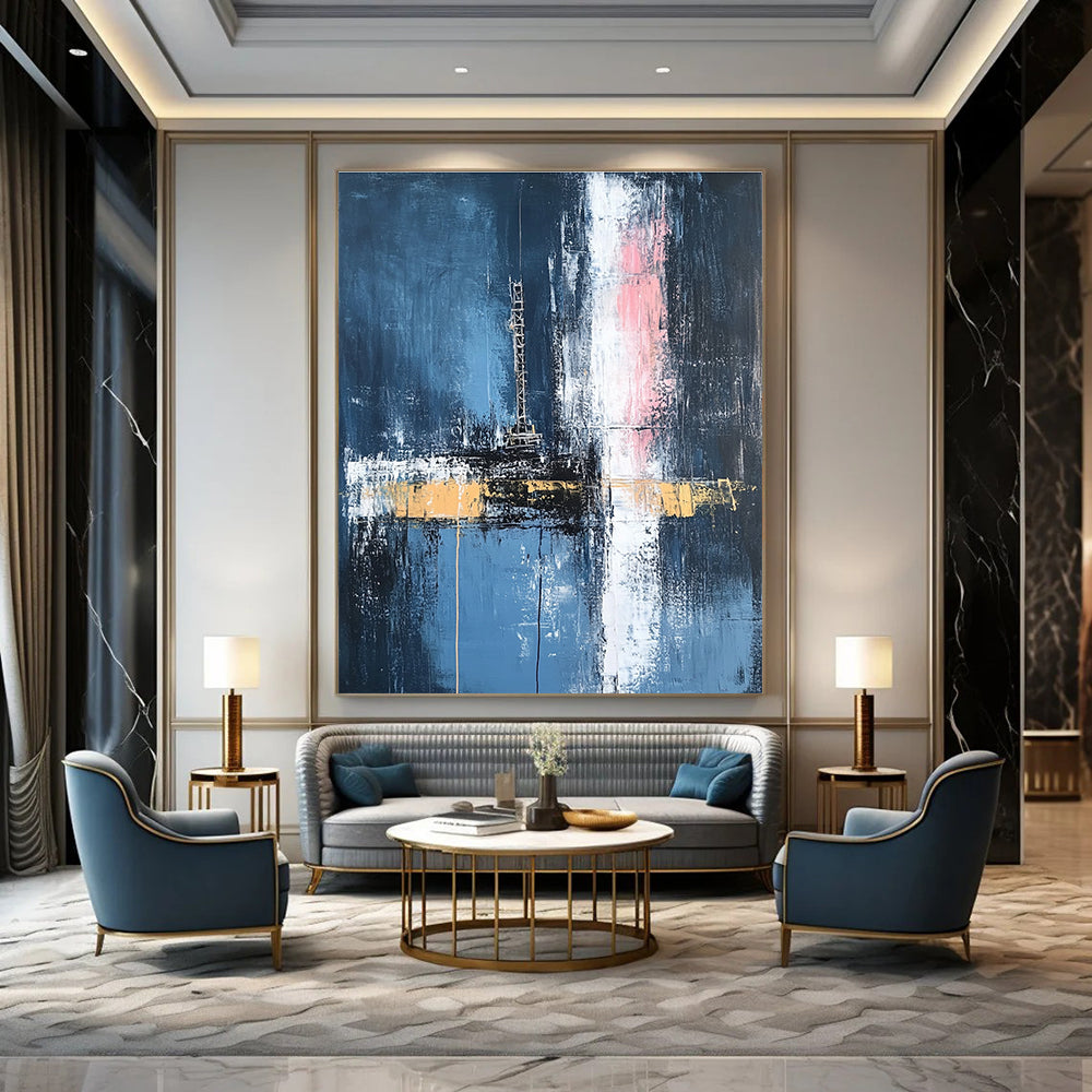 Large abstract painting depicting an oil rig in dark blue and white with hints of pink and yellow featuring loose brush strokes.STSC656