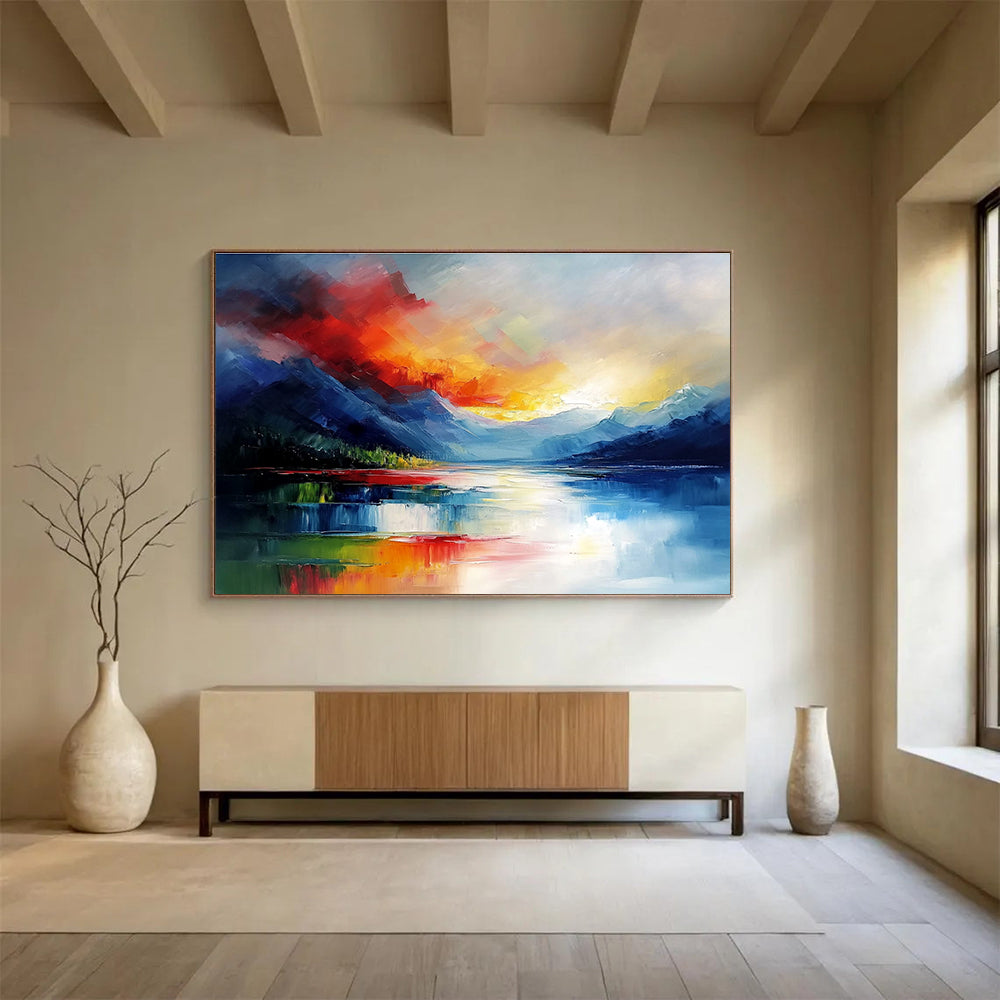Dynamic Mountain Sunset Abstract Painting with Bright Reds Yellows and Blues DYP237