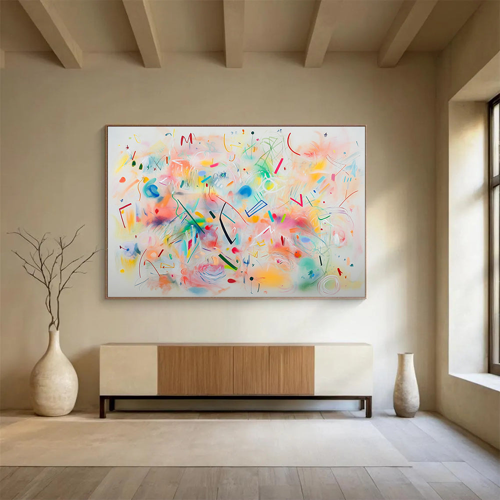 A large abstract painting featuring bright pastel colors and whimsical shapes like swirls circles and stars creating a joyful celebration on a white background.SC476