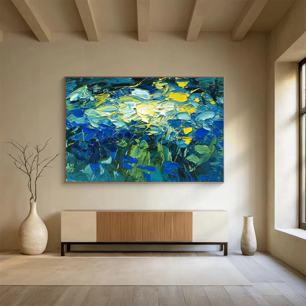Blue Yellow Green Abstract Floral Painting THY483