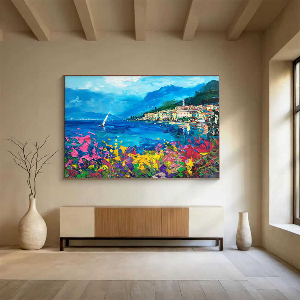 Blue Pink Yellow Coastal Village Abstract Painting THY484