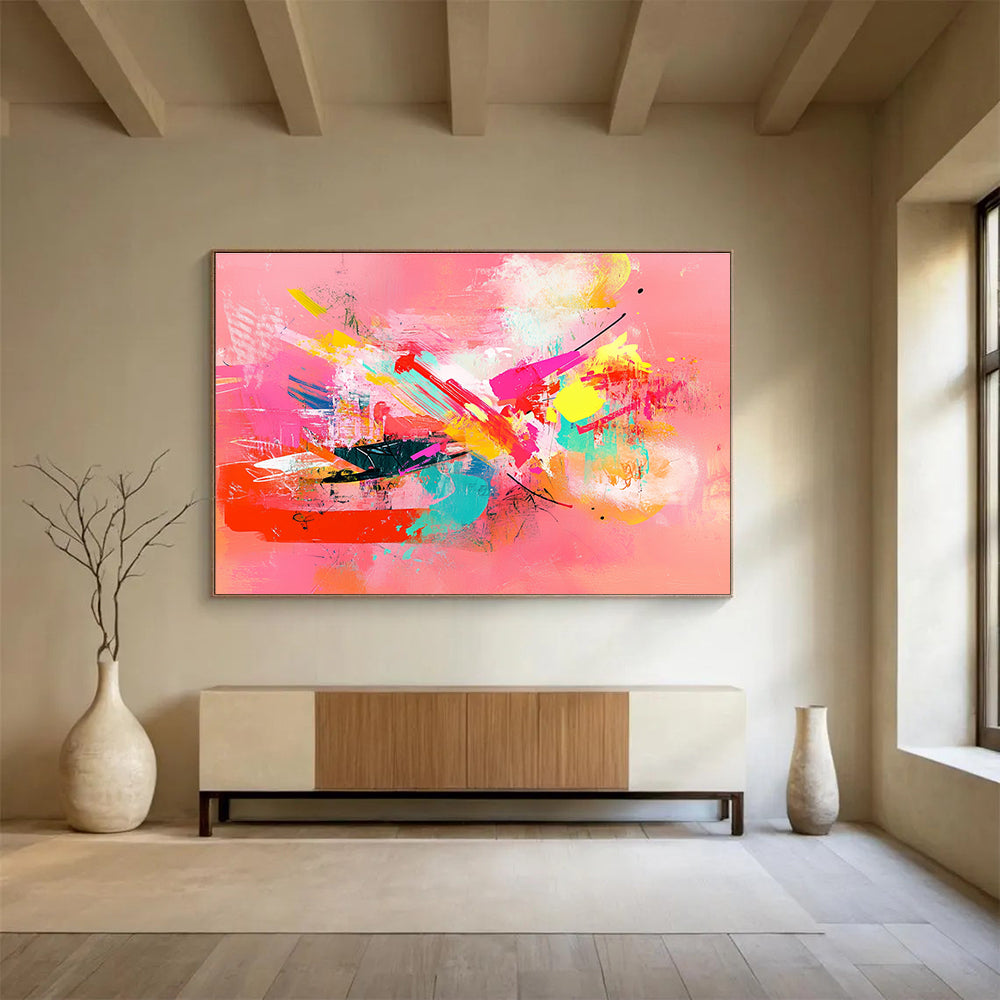A large abstract painting featuring colorful shapes and lines on a pink background with emotional expressions and a feminine sensibility.SC535