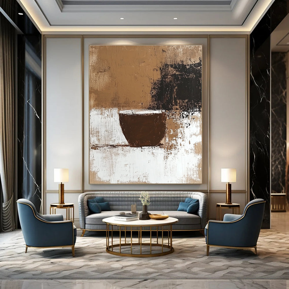Large abstract painting featuring coffee stains and neutral tones with a textured surface and a beige background inspired by Chicano art.STSC928