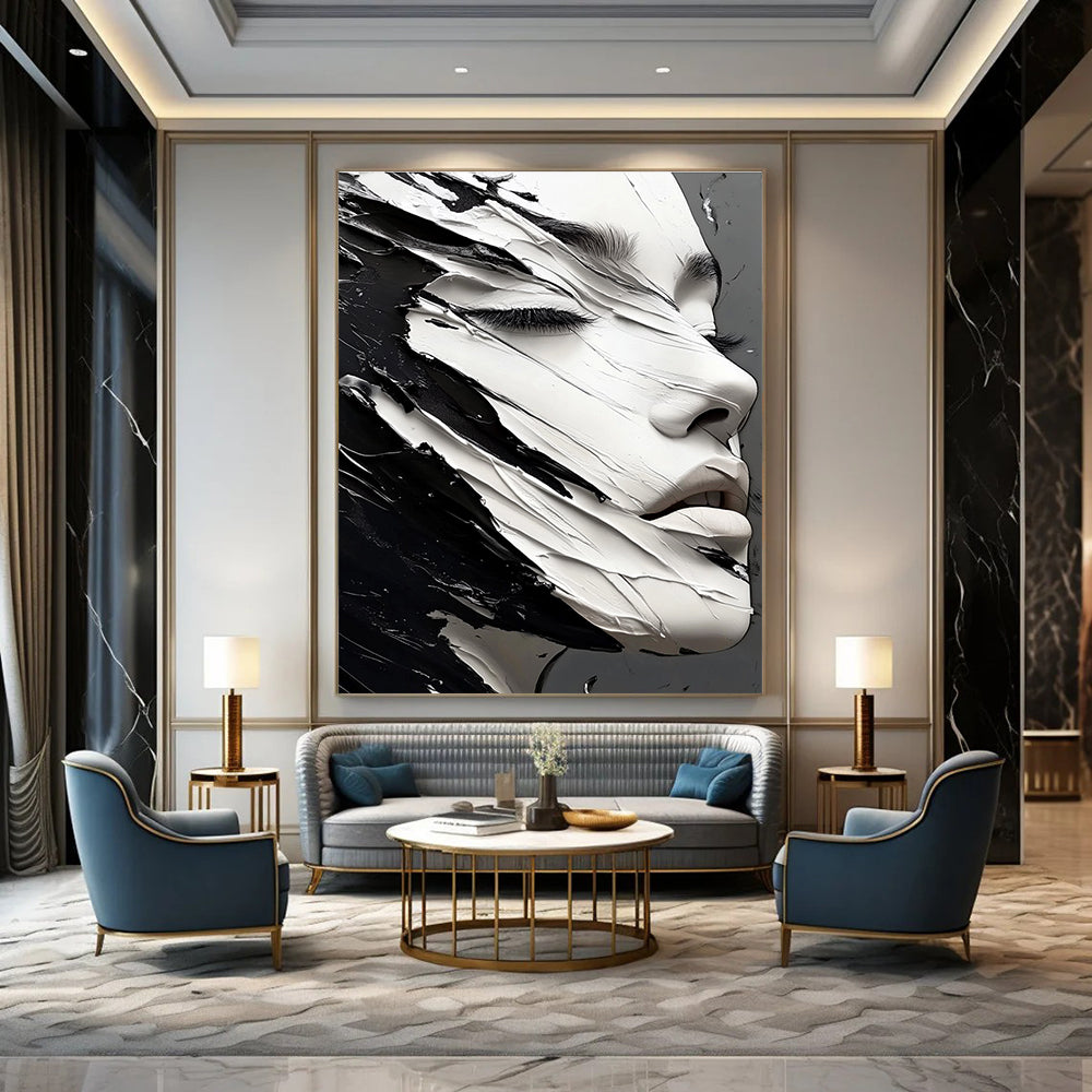 A large abstract painting featuring an elegant hyperrealistic black and white face showcasing intricate details and striking contrasts.STSC989