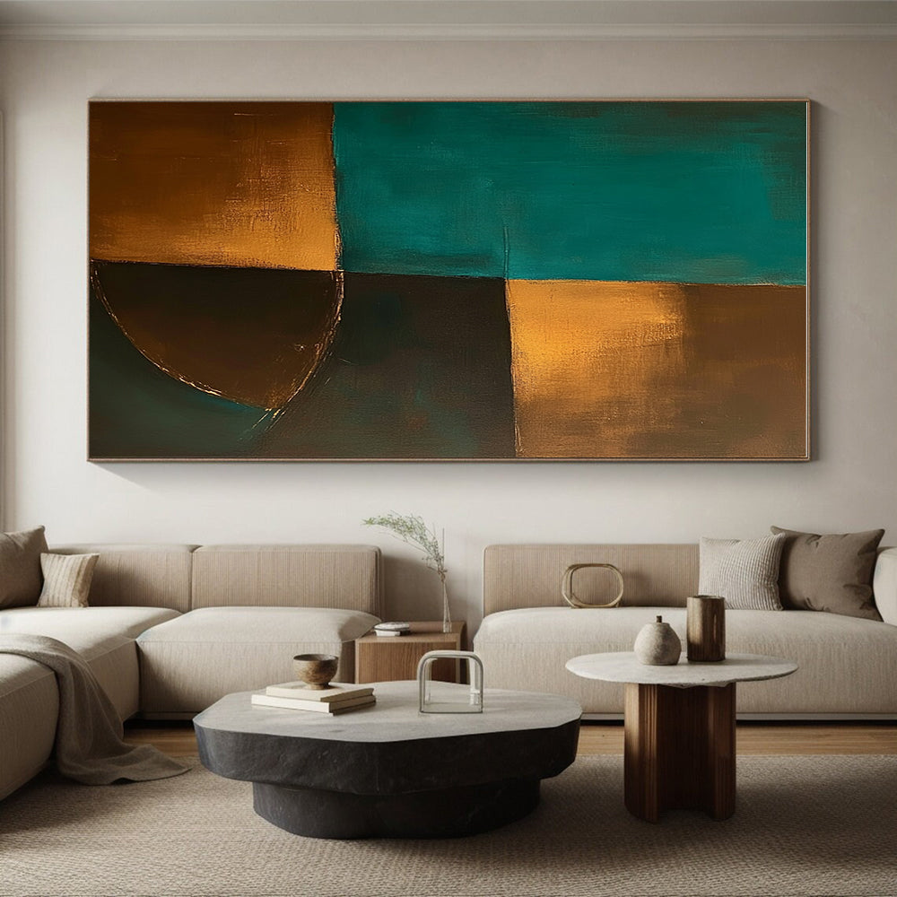 Teal Gold Abstract Painting with Geometric Forms GER707