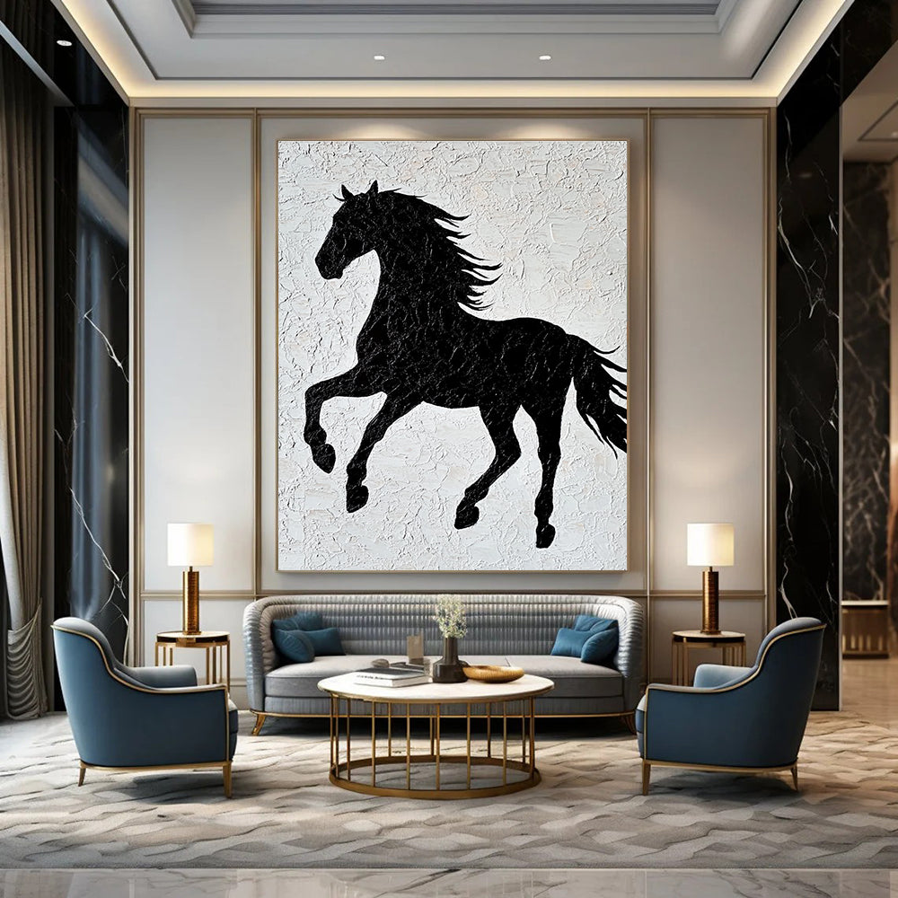 A large abstract artwork featuring a black horse silhouette on textured white paper with elegant lines and a minimalist design capturing graceful movement.STSC917