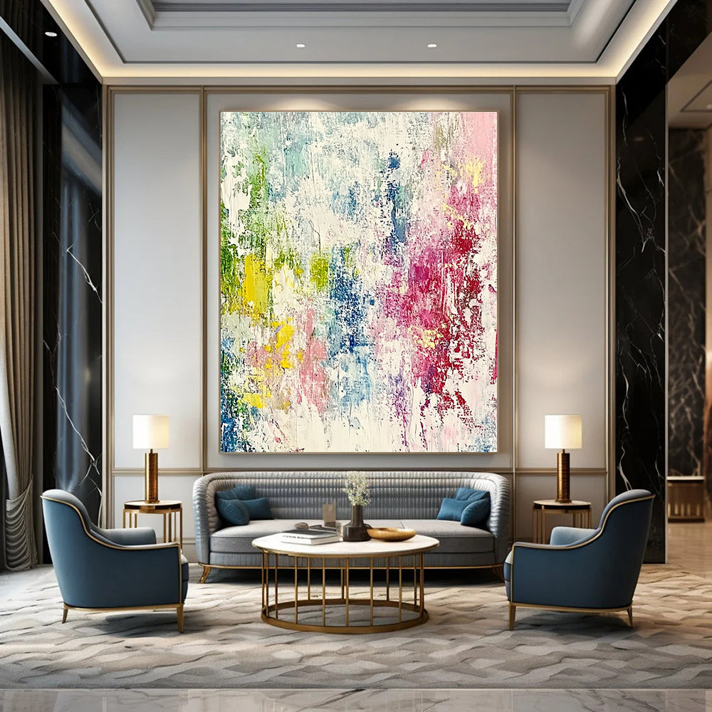 Large abstract painting with pastel colors featuring expressive brushstrokes and fine lines, creating a dynamic sense of movement and depth.STSC581