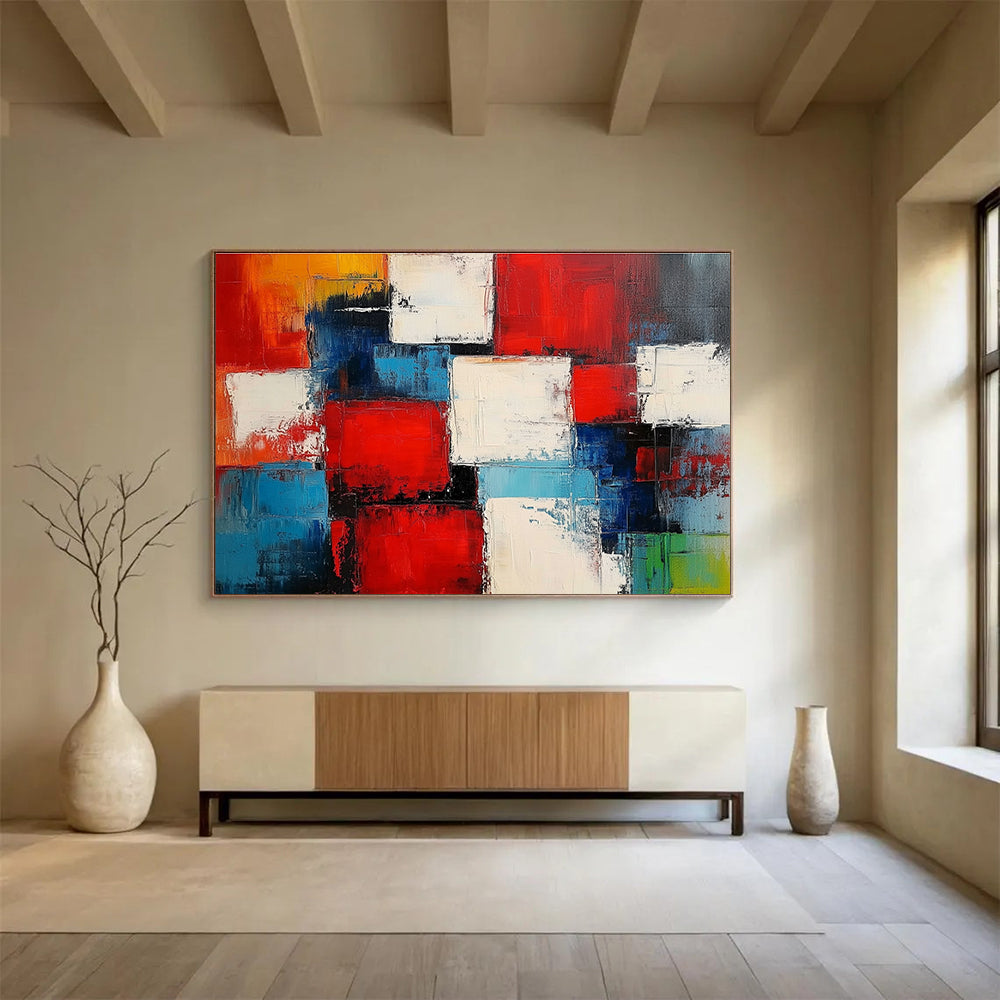 Colorful Square Abstract Painting with Red Blue and White DYP505