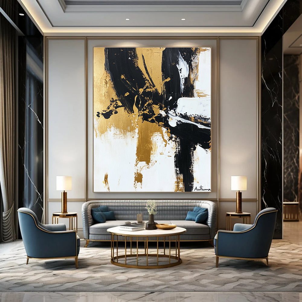 Large abstract painting of Autumn in black white and gold featuring loose brushstrokes and textured layers for elegant depth and simplicity.STSC1066