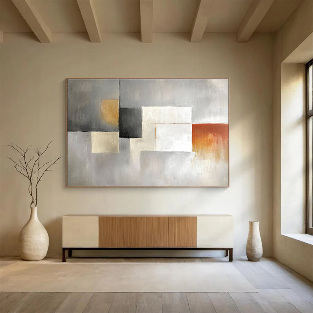 Large abstract painting in light gray, white, and amber featuring simple shapes in a minimalistic modern art style.SC378