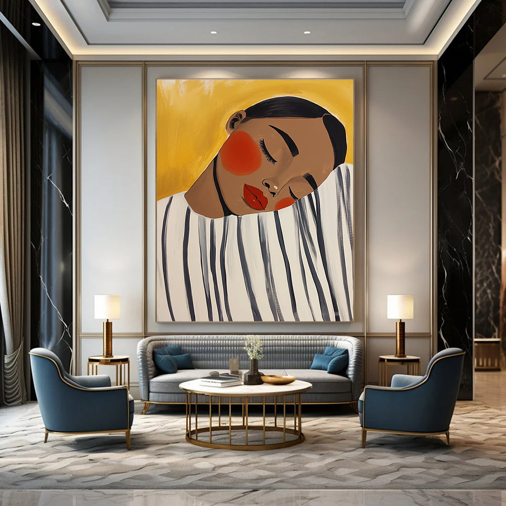 Large abstract painting featuring an African American woman resting her head on a whimsical oversized black and white striped shirt in soft acrylics.STSC536