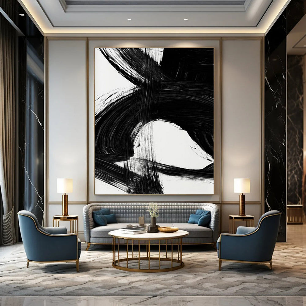 Black Ink Abstract with Dynamic Forms Painting ADGE196