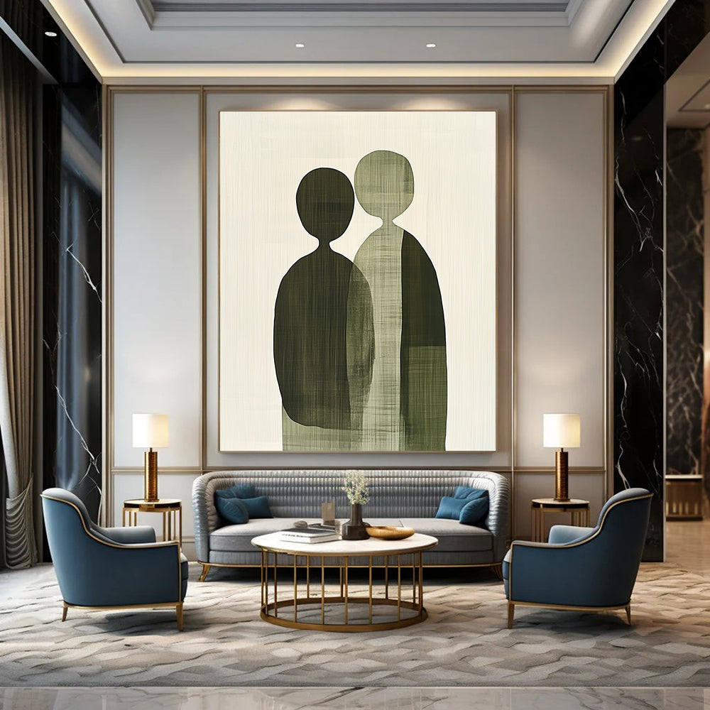 A large abstract painting featuring green and gray shapes with subtle textures, depicting unity and connection through minimalist design and soft tones.STSC1075