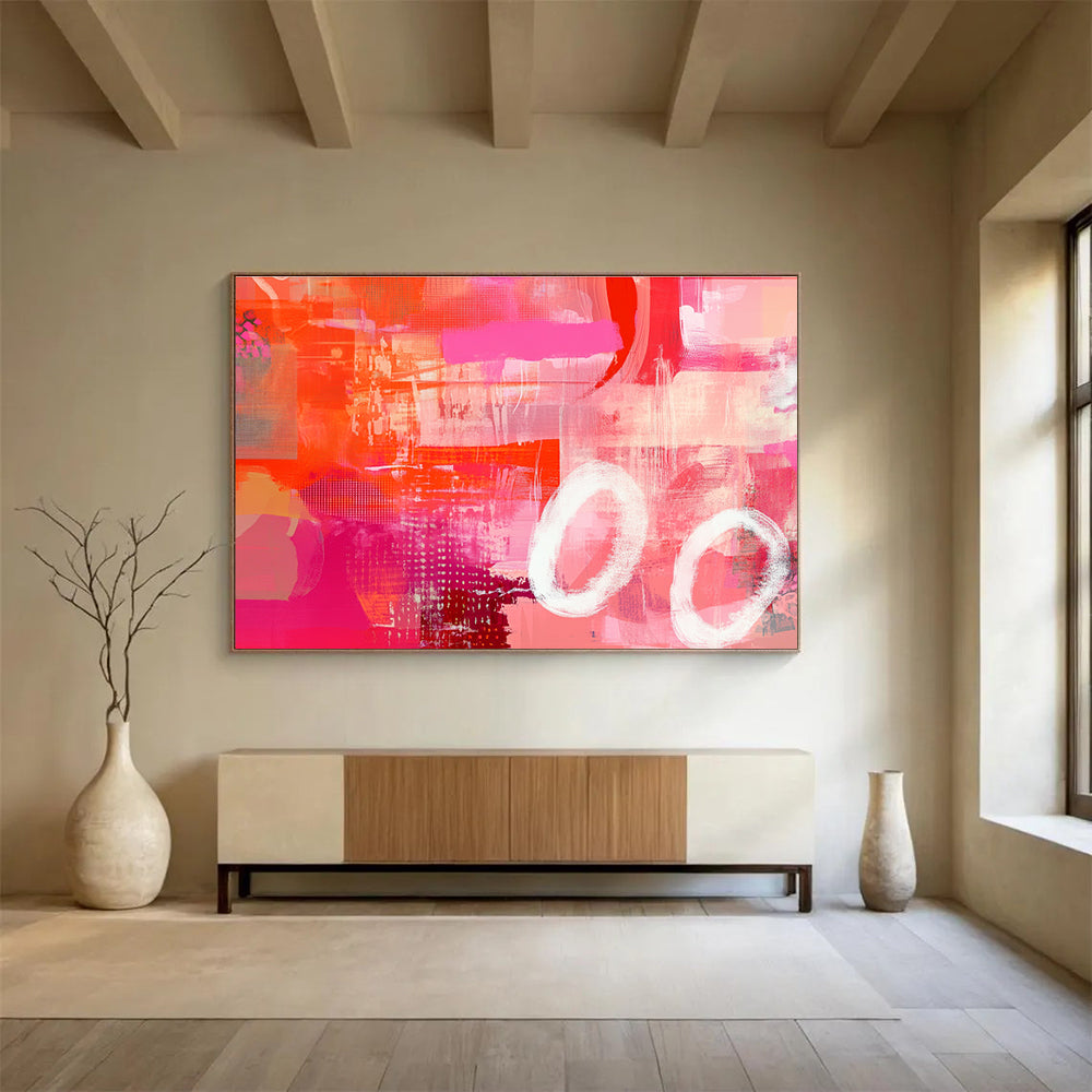 Pink and Orange Dominated Abstract Painting with White Circles DYP133
