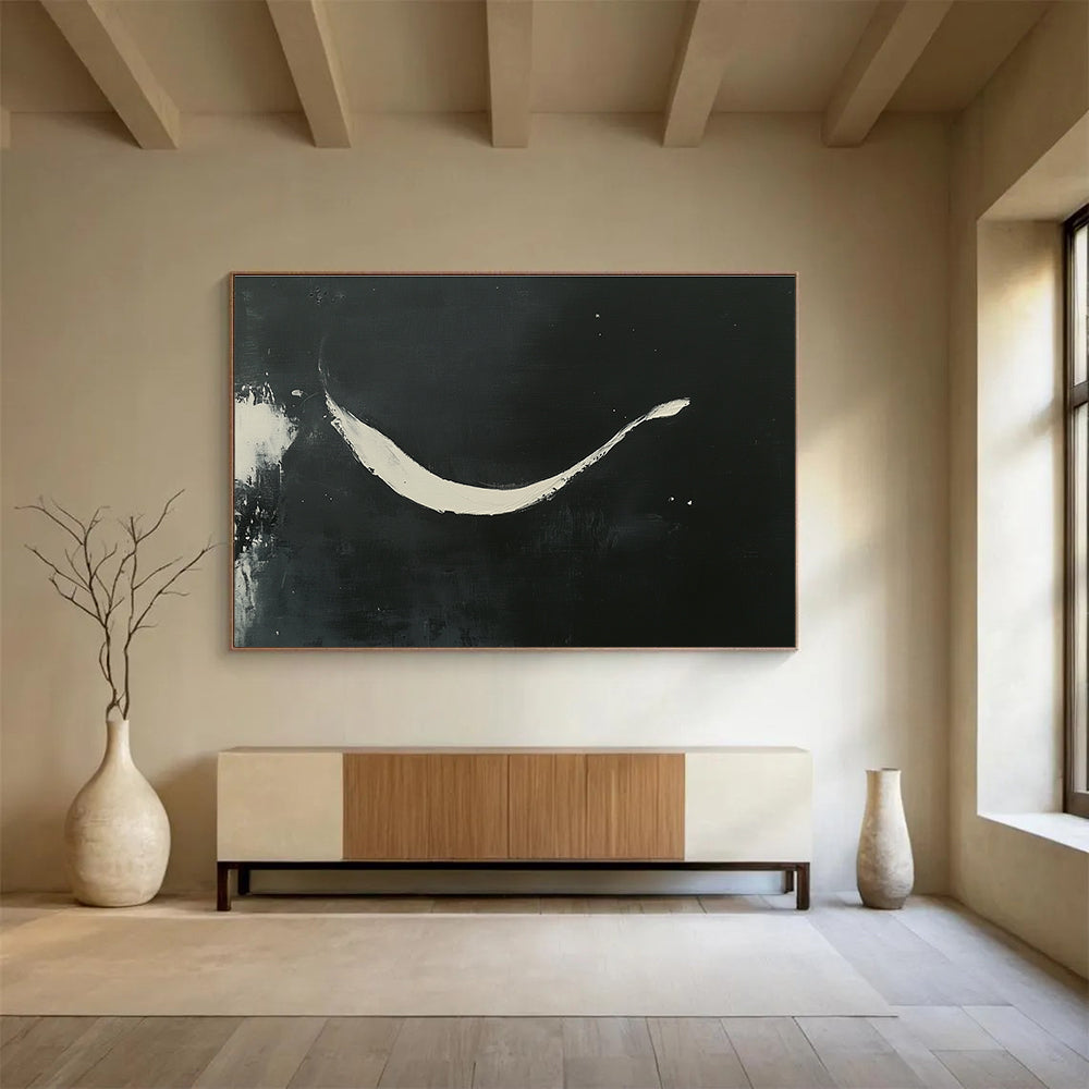 Large abstract painting featuring curved white brush strokes on a black background showcasing elegance and negative space in a minimalistic style.SC186