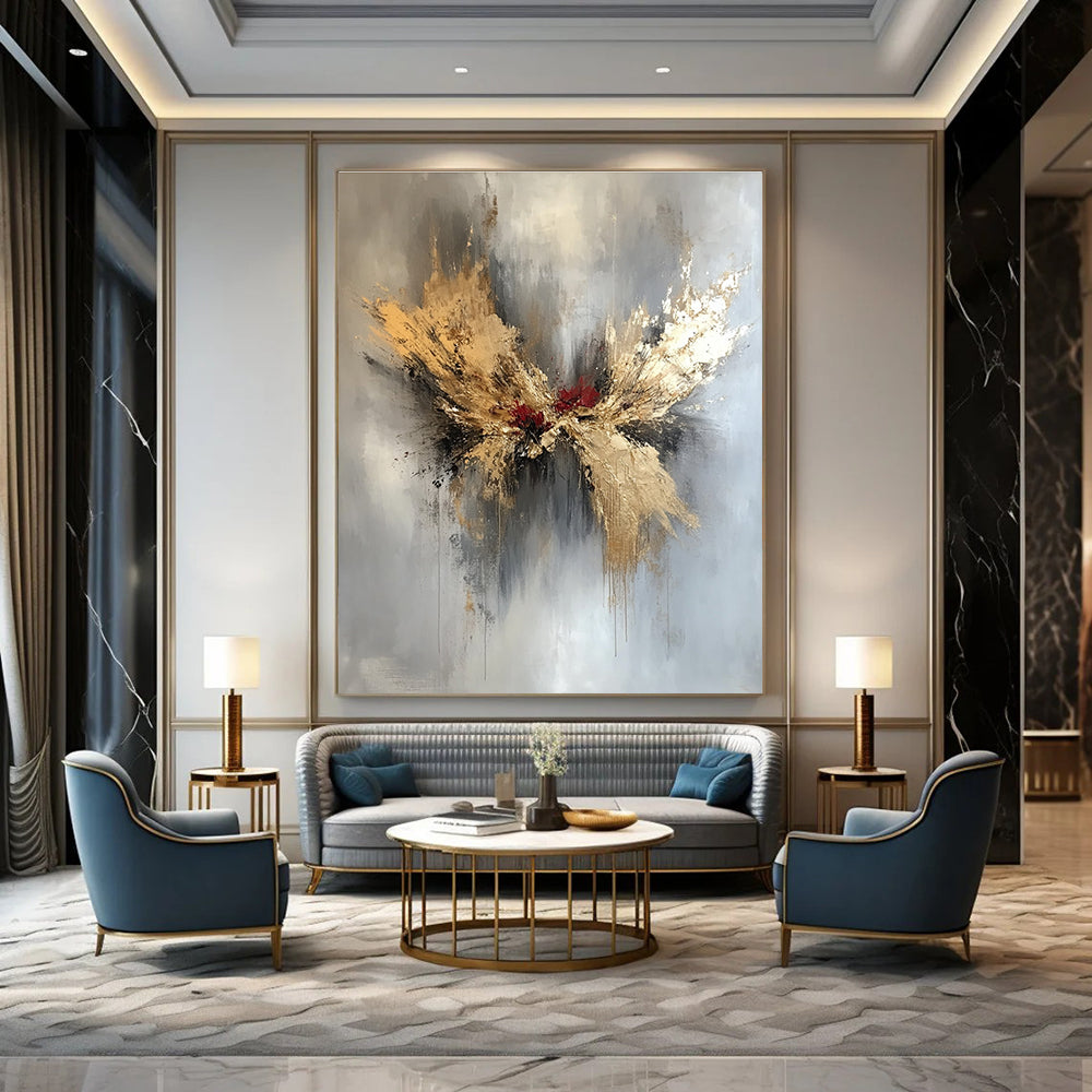 Large abstract painting in gold and silver with red and black splashes featuring elegant floral design and organic forms on a white background.STSC729
