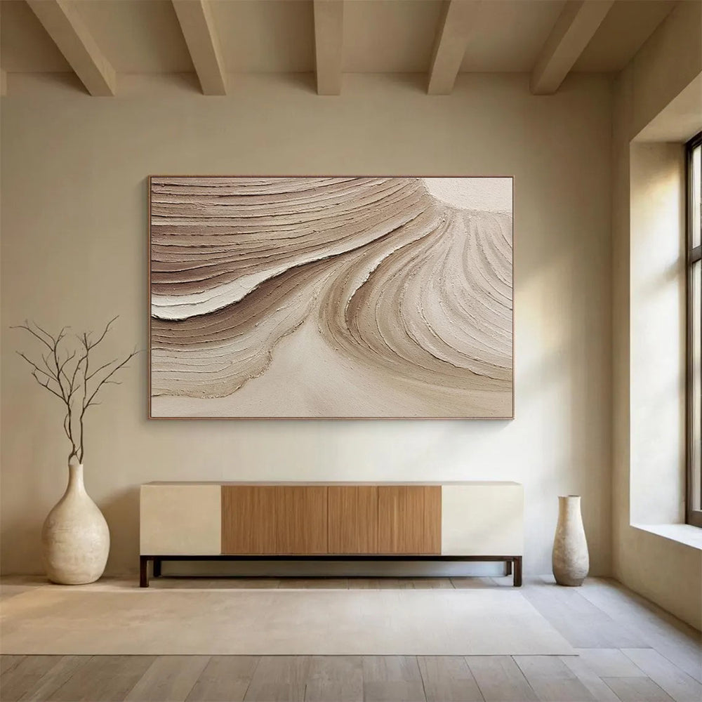 Beige Textured Abstract Painting with Natural, Sand - Like Patterns THY398