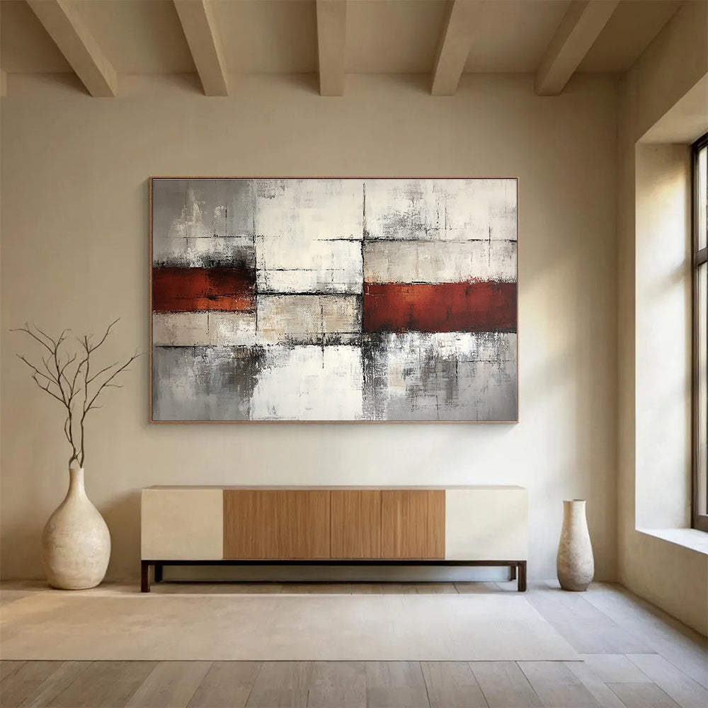 Gray Red and White Abstract Grid Painting with Distressed Textures DYP589