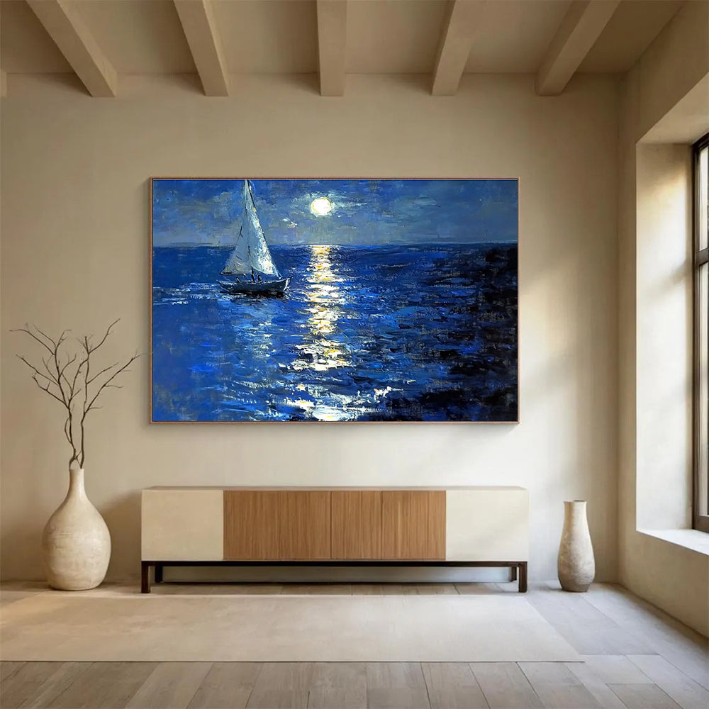 Large abstract painting depicting a sailboat on a moonlit sea with rich colors soft tonal gradations and dreamy reflections.SC604