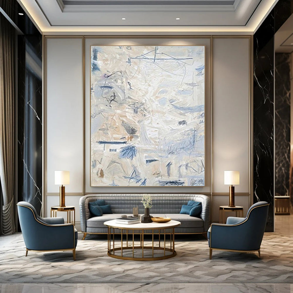 Light Beige and Blue Abstract Painting with Delicate Marks ADGE144