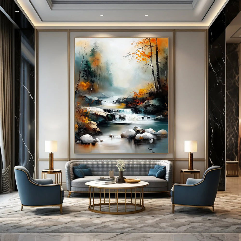 Large abstract painting capturing a river through a valley with autumn trees and vibrant colors in a soft misty style reminiscent of Claude Monet.STSC1165