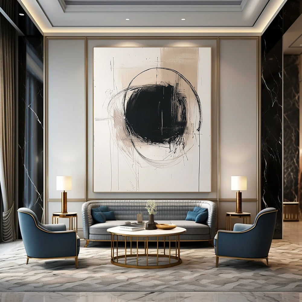 Large abstract painting featuring a central grayish circle minimalist lines and light splashes on off-white paper in the style of Doig and Hockney.STSC771