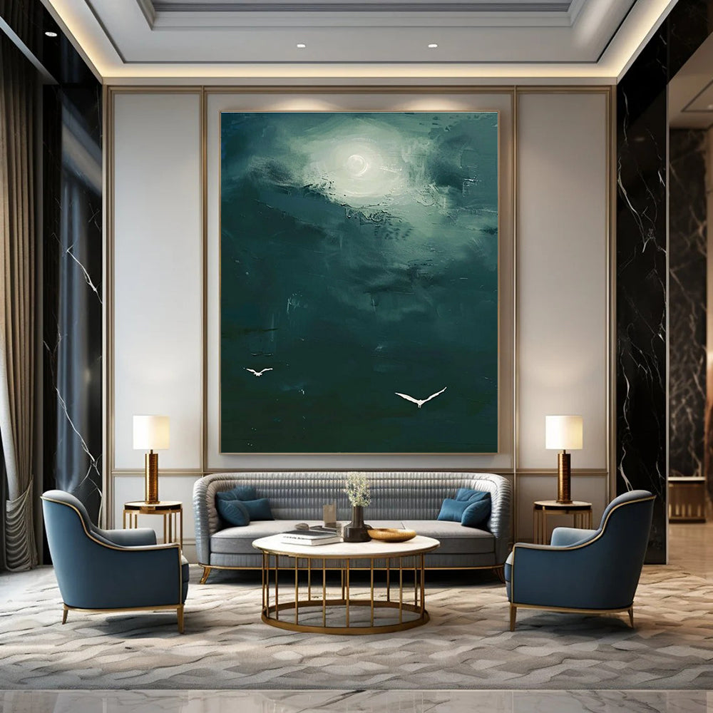 Green Sky with Birds Abstract Painting with Mysterious Light ADGE508