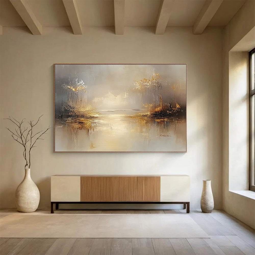 Golden Misty Landscape Abstract Painting with Reflective Elements DYP270