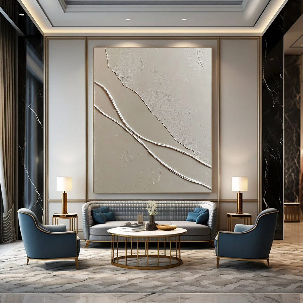 A large abstract painting featuring smooth white wavy lines against textured light-colored plaster walls enhancing depth in a minimal space.STSC941