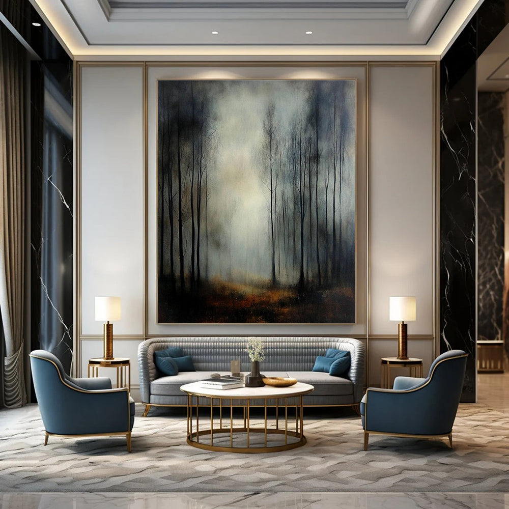 Large Abstract Painting of a foggy autumn forest featuring thin trees and chiaroscuro lighting for a dramatic mysterious atmosphere.STSC1306