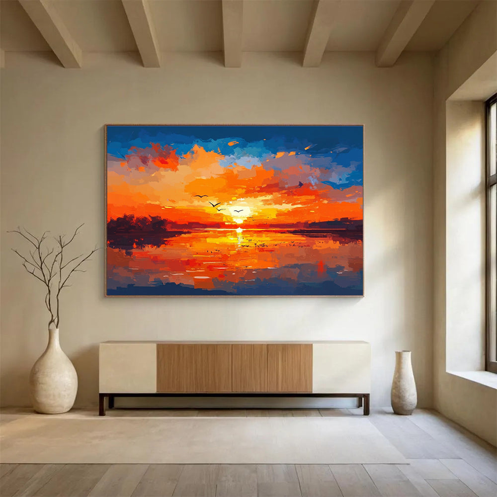 Large abstract painting featuring birds over water warm colors brush strokes reflections sunset sky tranquil atmosphereSC284