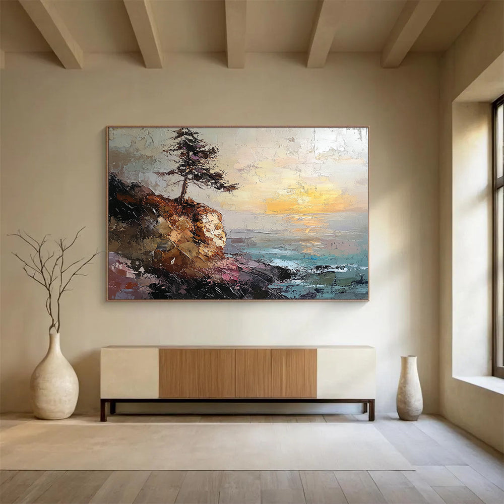 Abstract painting featuring a rocky coastline with a pine tree on a cliff under a sunset in textured oil paint.SC599