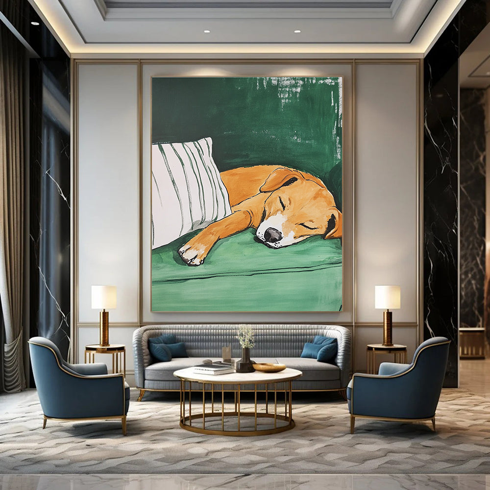 A large abstract painting featuring an amber dog sleeping on a green couch with a striped pillow showcasing visible brush strokes and textured effects.STSC1188
