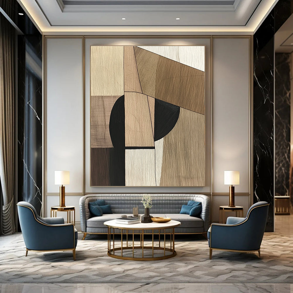 A large abstract painting in Picasso style with wooden textures and a vertical black line on a neutral wood background, symbolizing simplicity and modernity.STSC541
