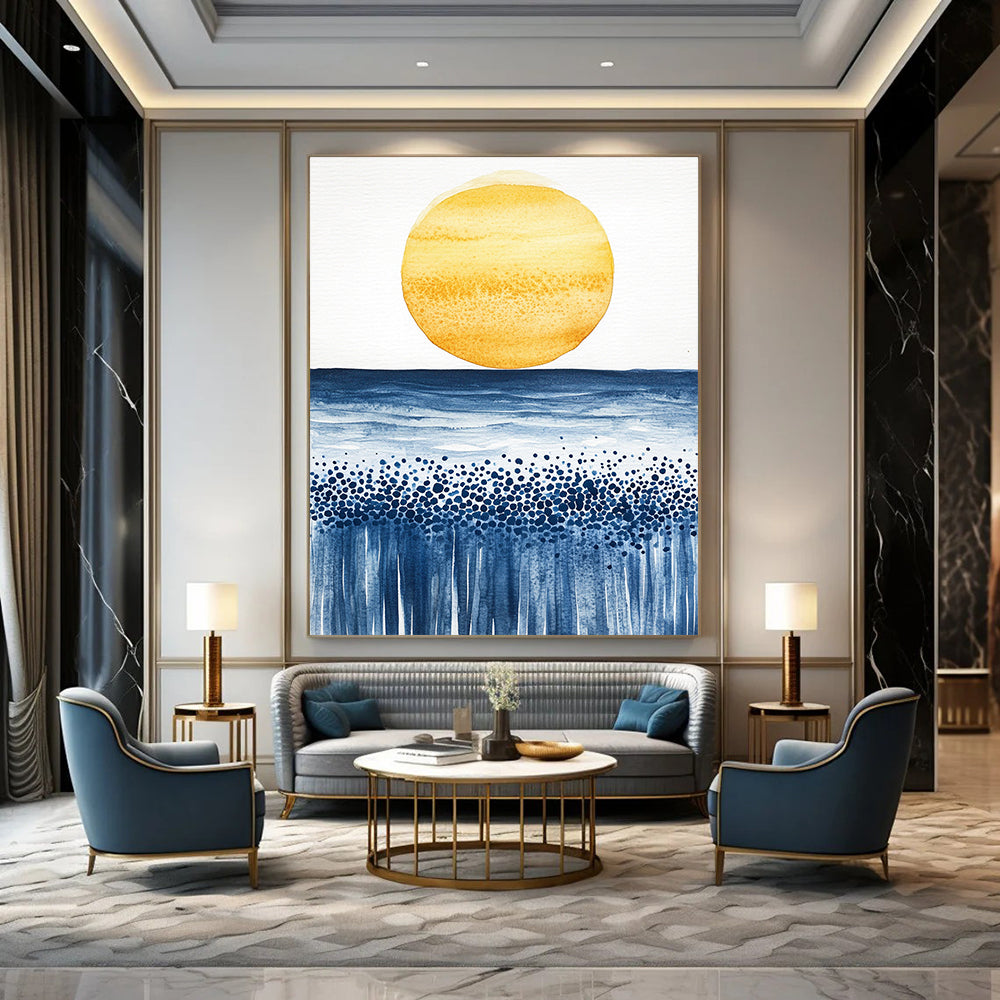 Abstract watercolor painting of a sun rising over the ocean with minimalist yellow and blue tones on textured paper.STSC505