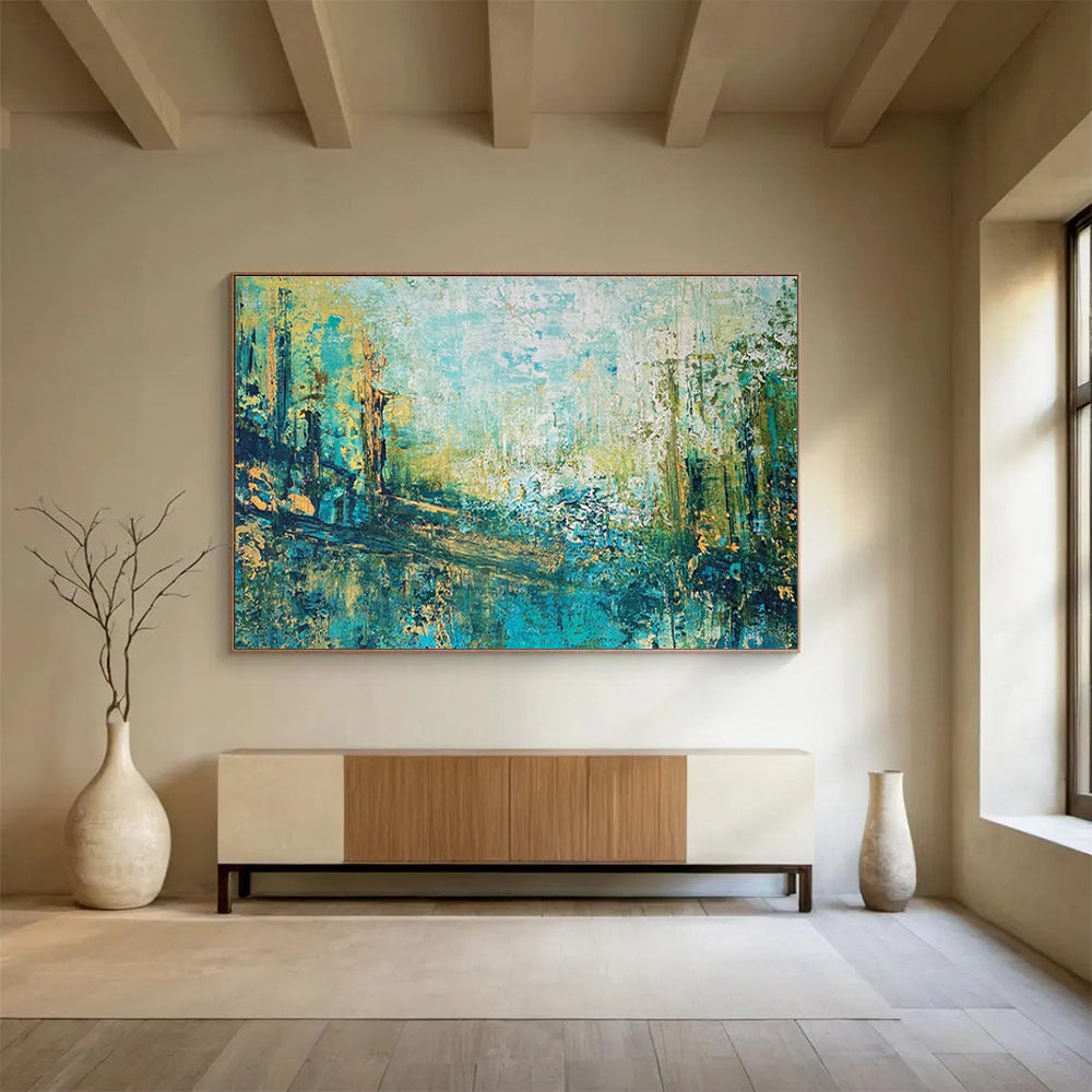 Teal Gold Abstract Painting with Forest Path Themes THY357