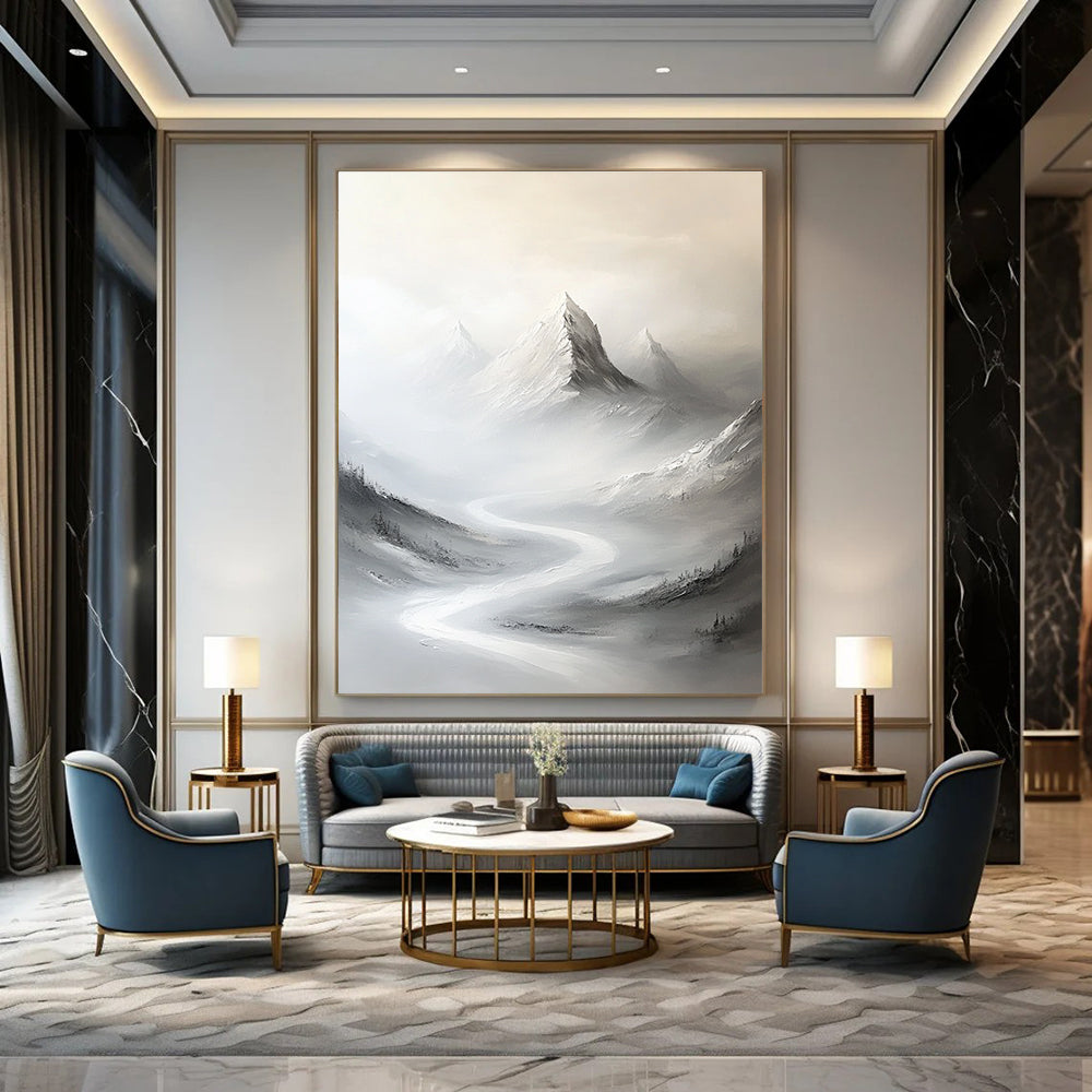 Abstract painting of snow-covered peaks in soft gray tones with a winding road leading to a distant mountain peak.STSC1492