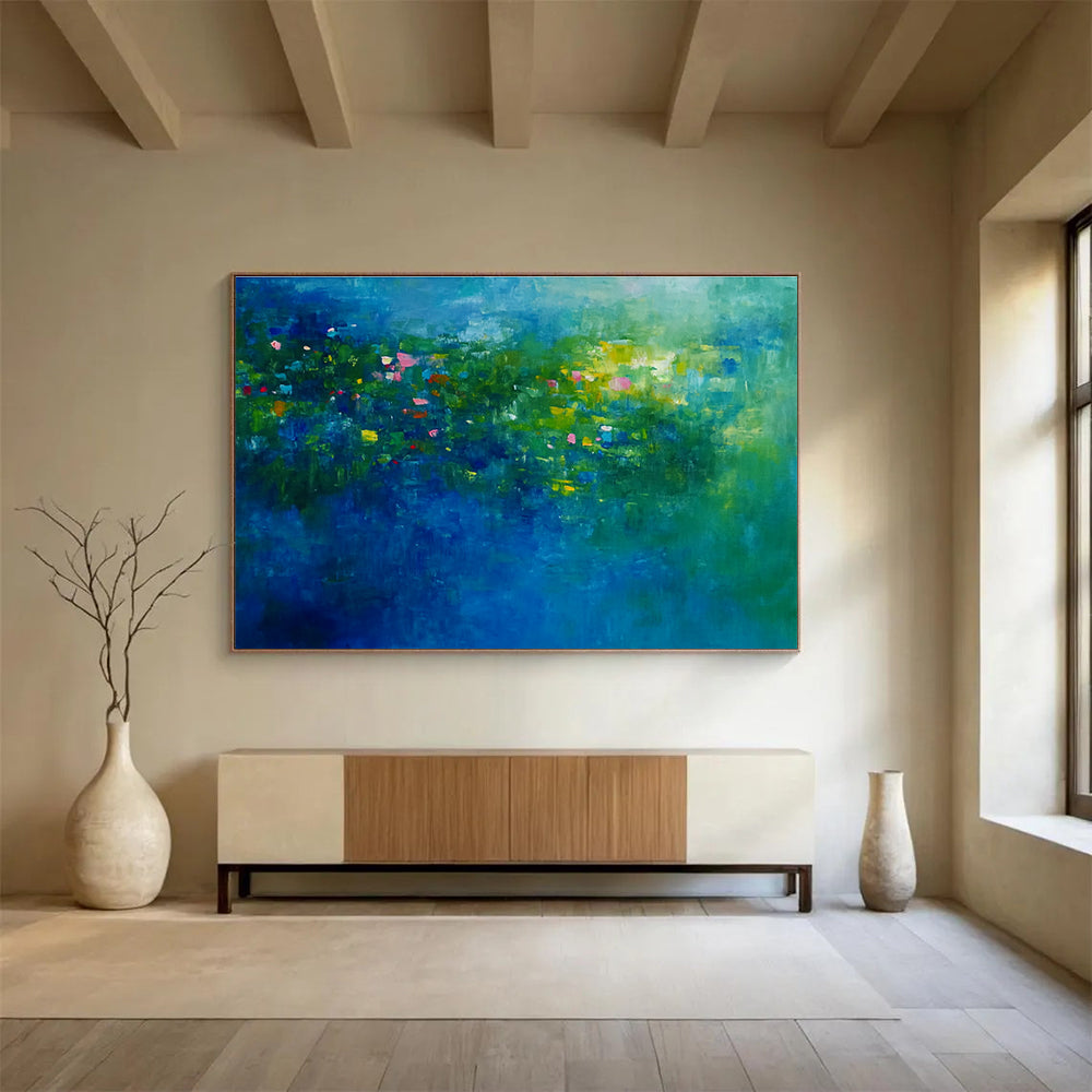 An abstract painting of an underwater garden with vibrant blues and greens featuring aquatic plants and small fish creates serene nature's dance.SC339