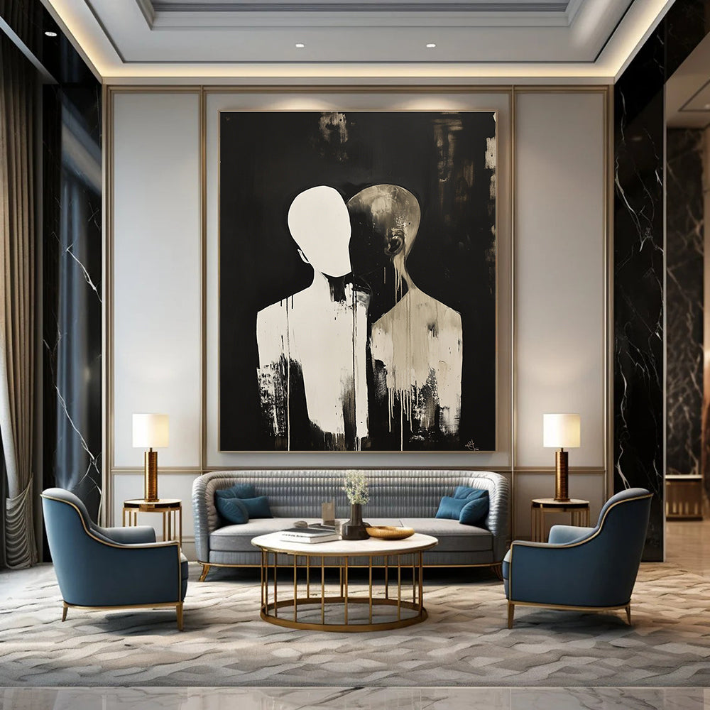 Abstract painting featuring a faceless figure in a dark backdrop with another figure resting their head on their shoulder, complemented by splashes of color.STSC1449