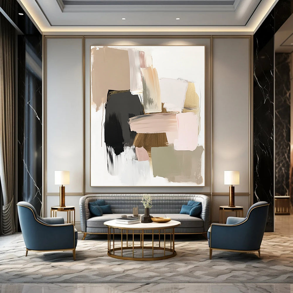 A large abstract painting featuring neutral tones with soft pinks and greens complemented by gold accents in a minimalist style.STSC619