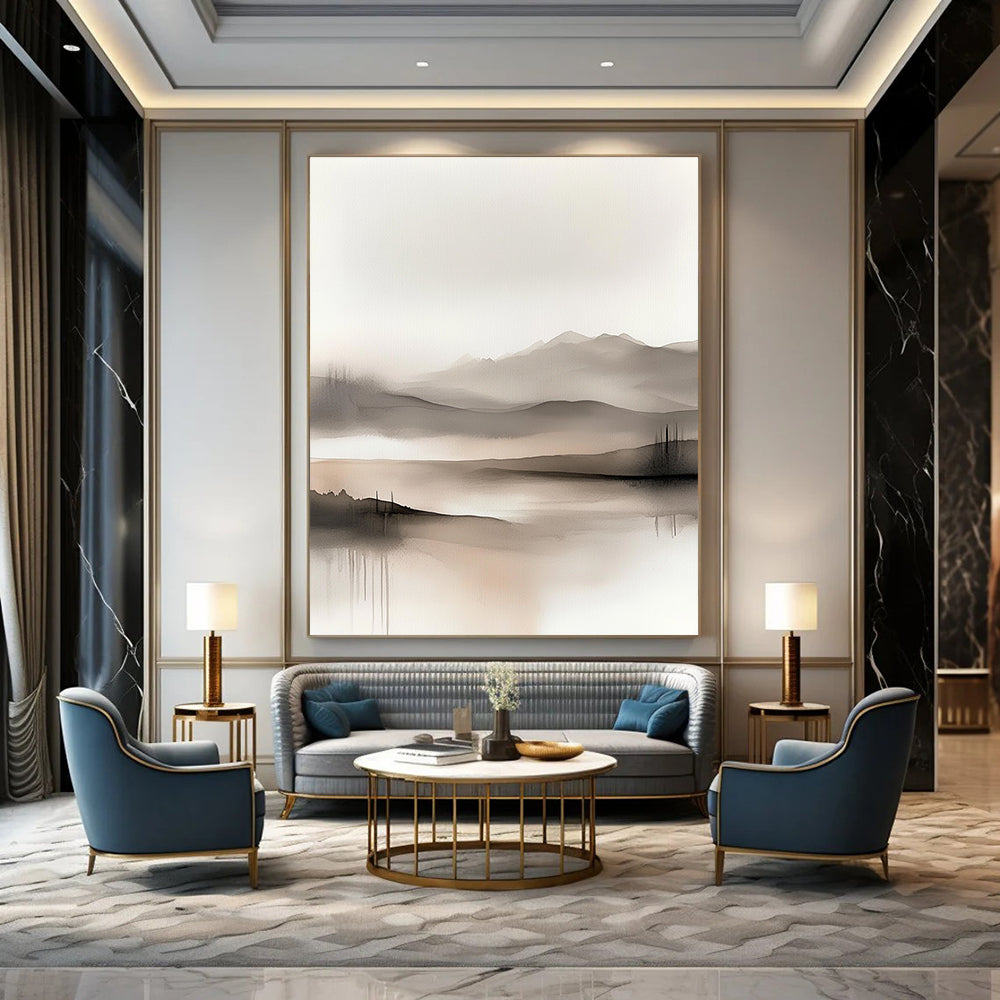 Large abstract watercolor painting featuring soft muted colors of grey beige and white depicting serene hills and foggy mountains for a tranquil atmosphere.STSC504