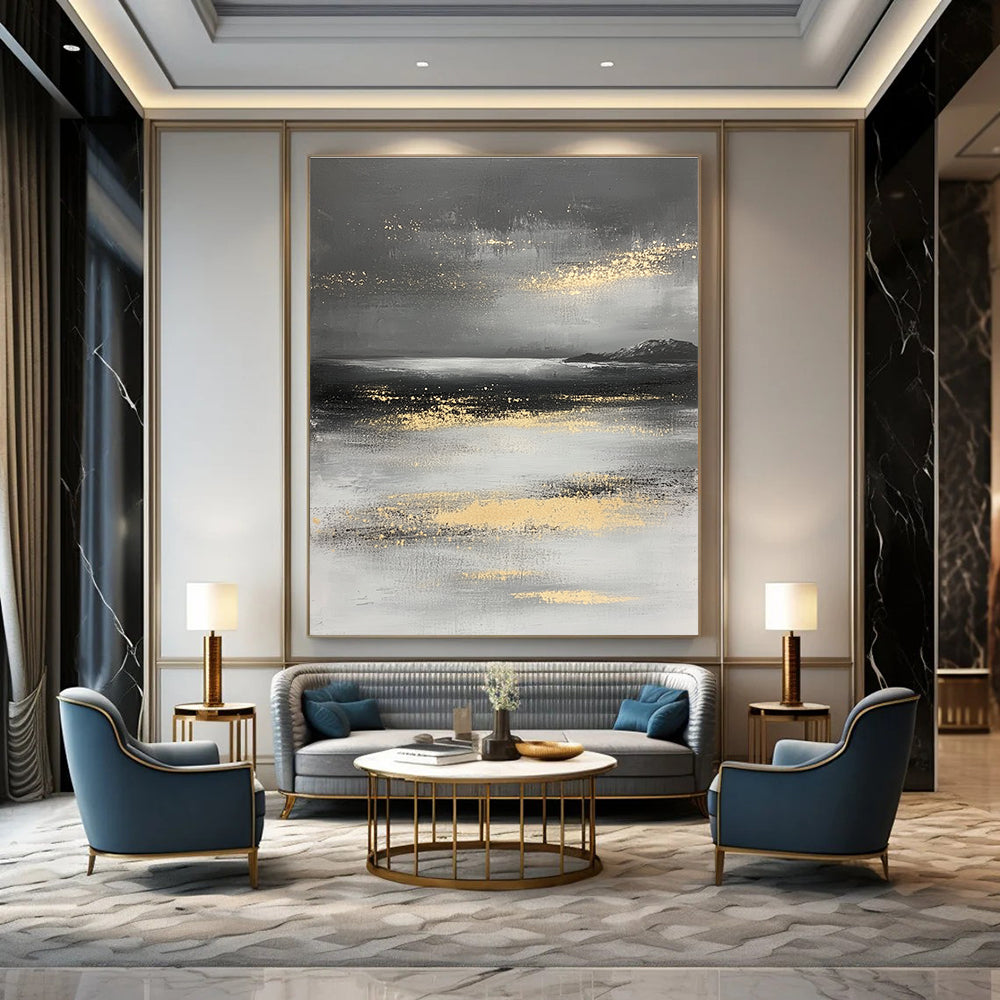 Large abstract painting in gray and white with gold accents depicting a mysterious ocean landscape and misty island.STSC064