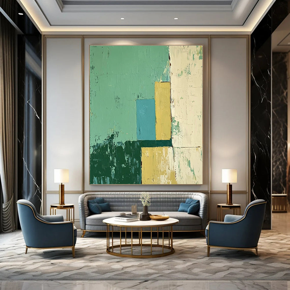 Large abstract oil painting featuring an architectural scene in green and yellow with blue accents, showcasing a minimalistic style.STSC144