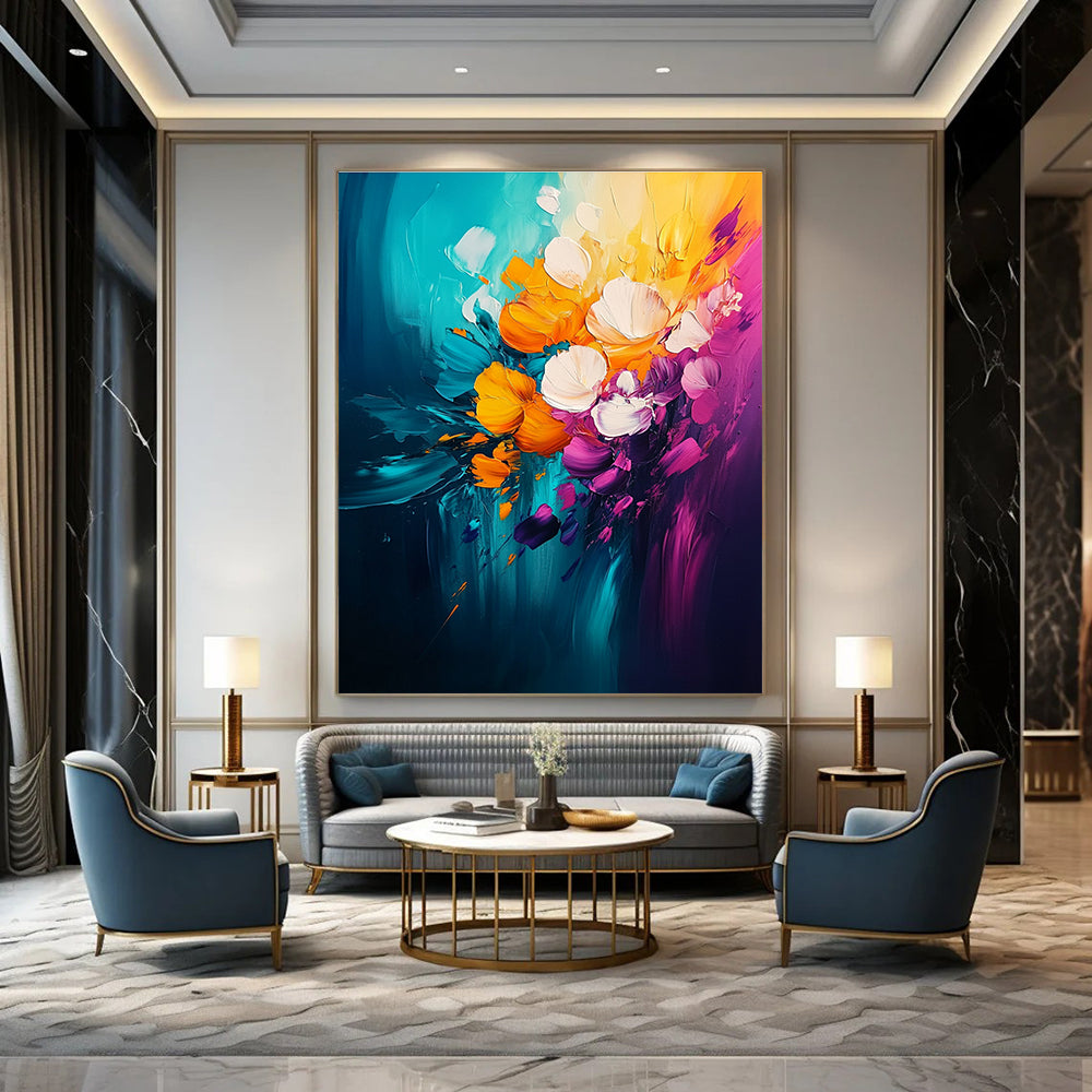 Large abstract painting featuring vibrant yellow teal orange pink purple and white florals on a dark background with dynamic brush strokes.STSC051