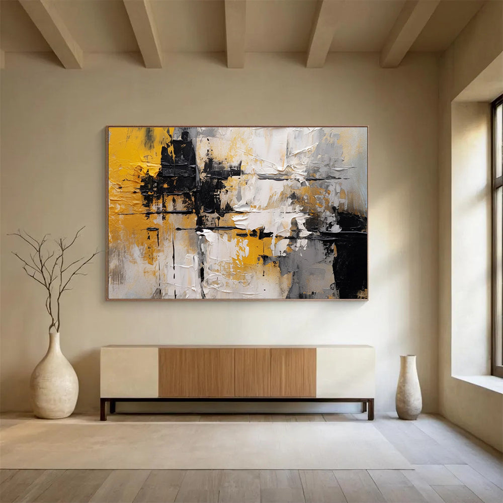 Yellow Black White Abstract Textured Painting THY084